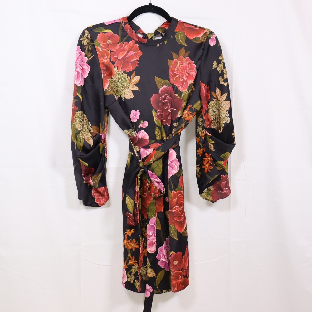Zara Floral Mini Dress Medium Black Womens Satin Tie Back Shift
